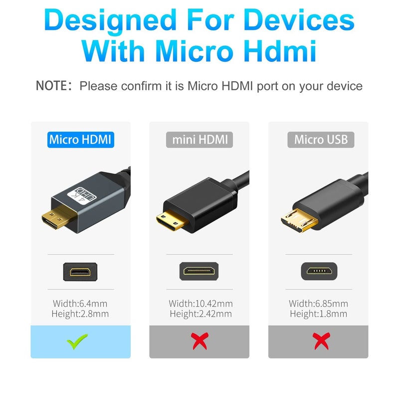 Twozoh كابل 4K Micro HDMI إلى HDMI بطول 6.6 قدم، كابل HDMI كامل عالي السرعة إلى Micro HDMI مع دعم 3D 4K/60Hz 1080p - Image 3